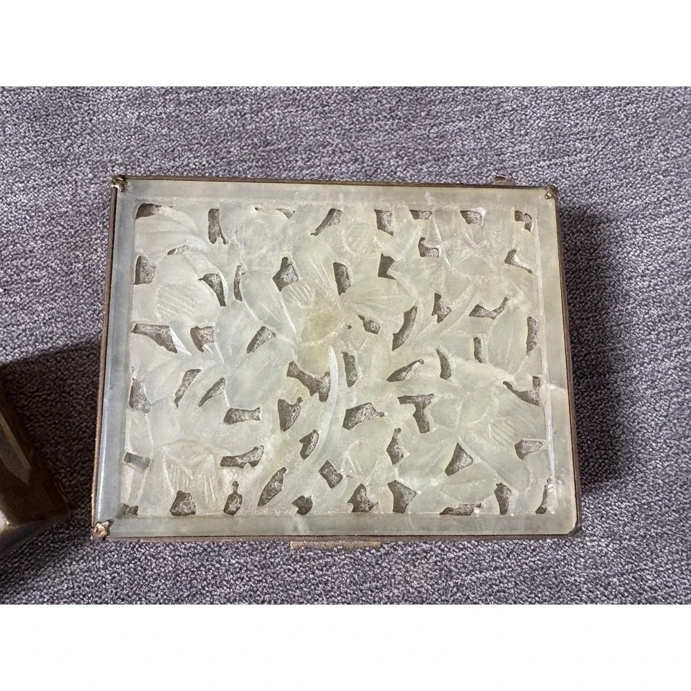 2 Antique Carved Chinese Cigarette And Matchbox Trinket‎ Ornate Boxes Jade Brass